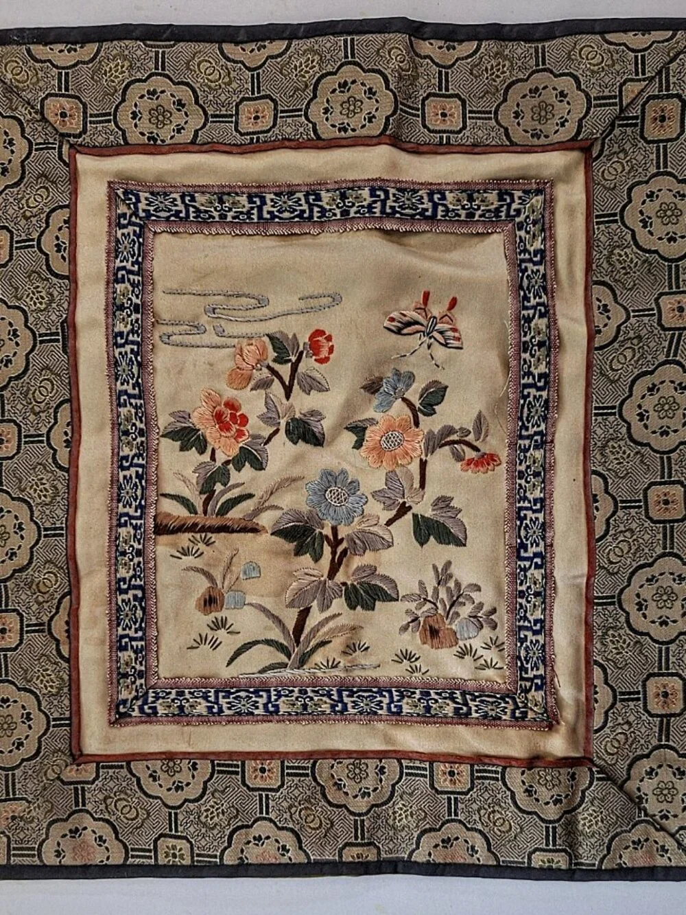 Vintage Chinese Silk Hand-Embroidered Dunhuang Butterfly Floral Tapestry 10”x11”